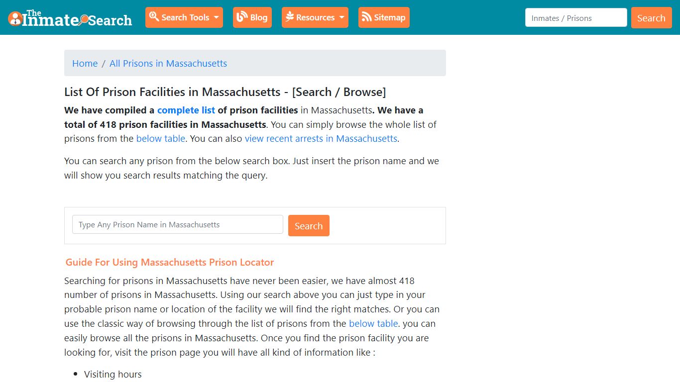 List Of Prison Facilities in Massachusetts - [Search / Browse]